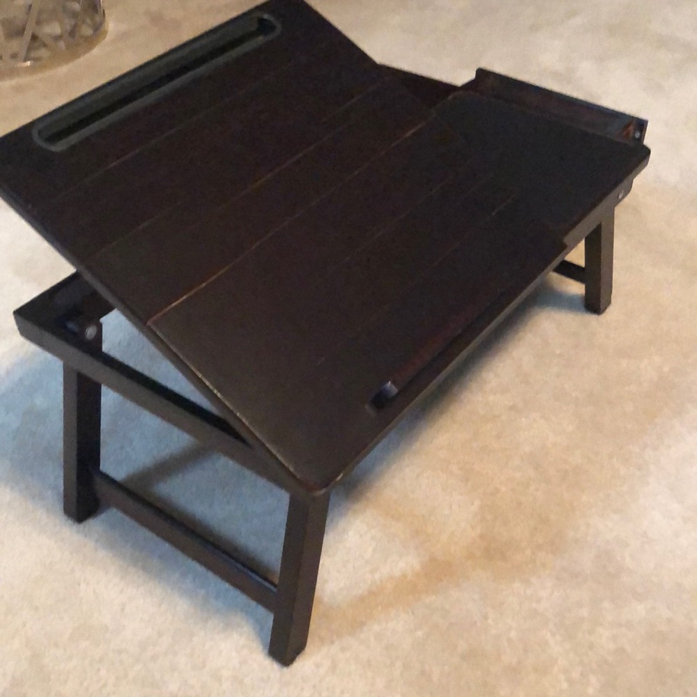 Wooded folding Laptop stand, cell holder with side draw. Beautiful dark wood!